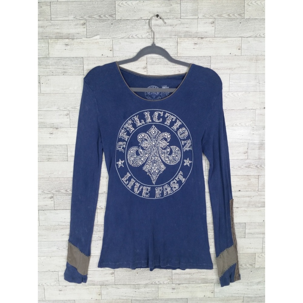 Women's Vintage Y2K Affliction Long Sleeve Shirt Top Fitted Rhinestones Large L